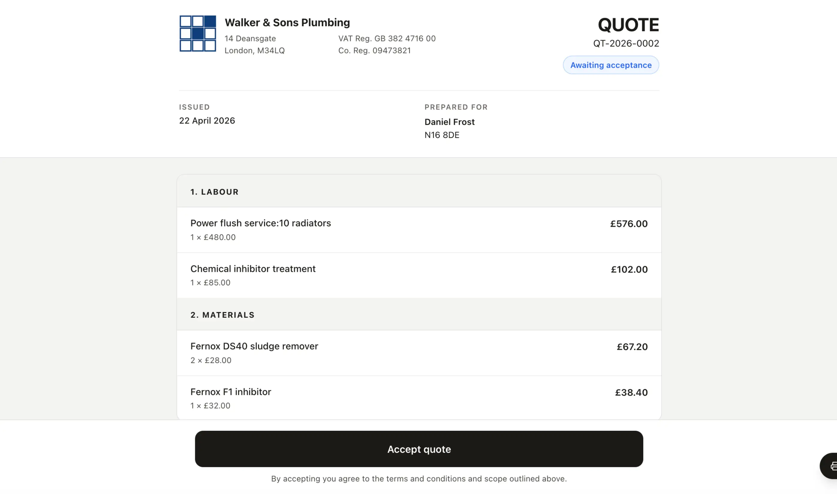 Client-facing quote page with line items and Accept button