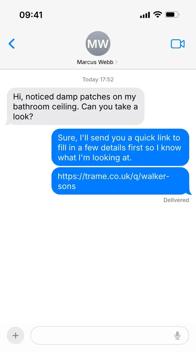Tradesperson sending a Trame brief link over iMessage