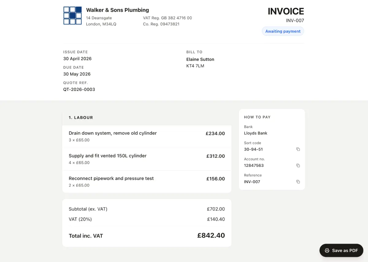 Customer-facing invoice showing business header, line items, totals and payment details