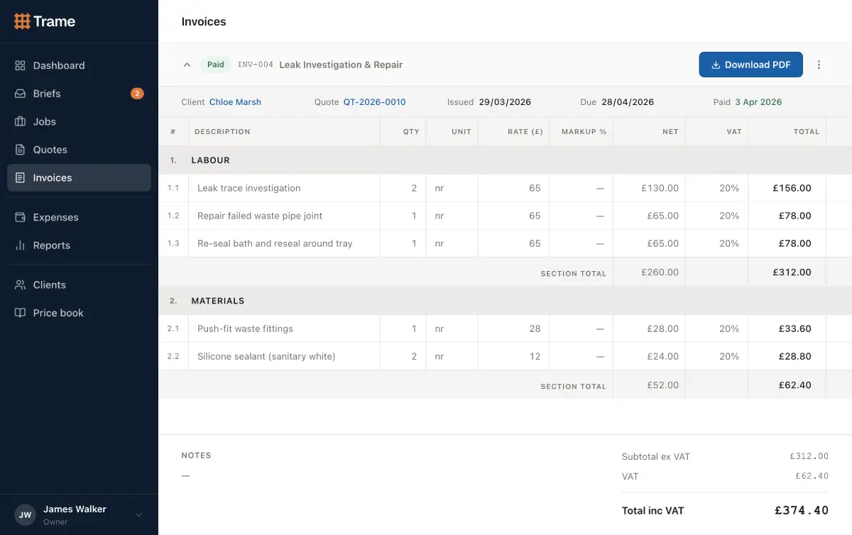 Invoice detail showing line items built from a quote, with client, dates, VAT and total