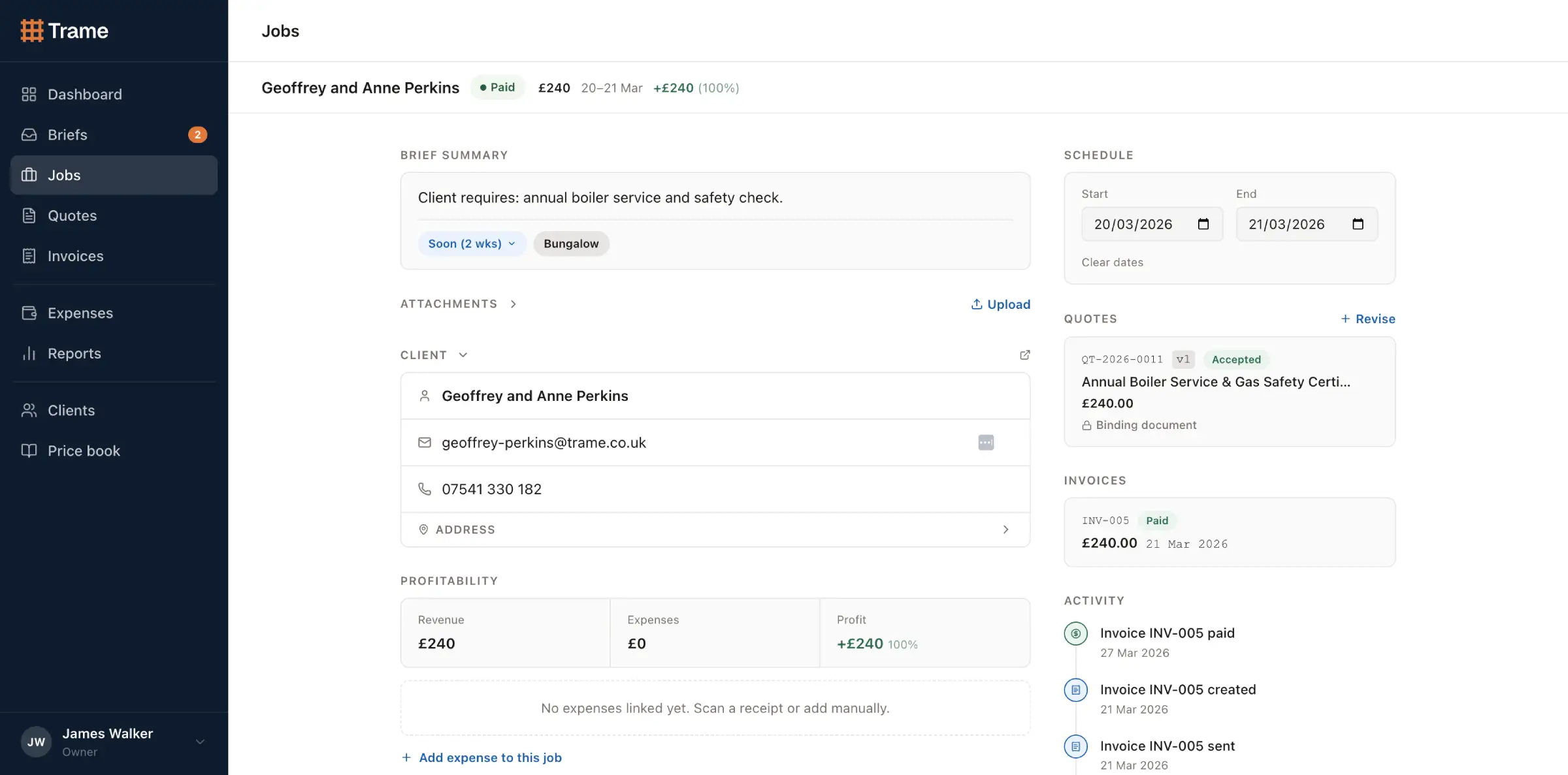 Job detail view showing brief, client details, linked quote, invoice, and activity timeline