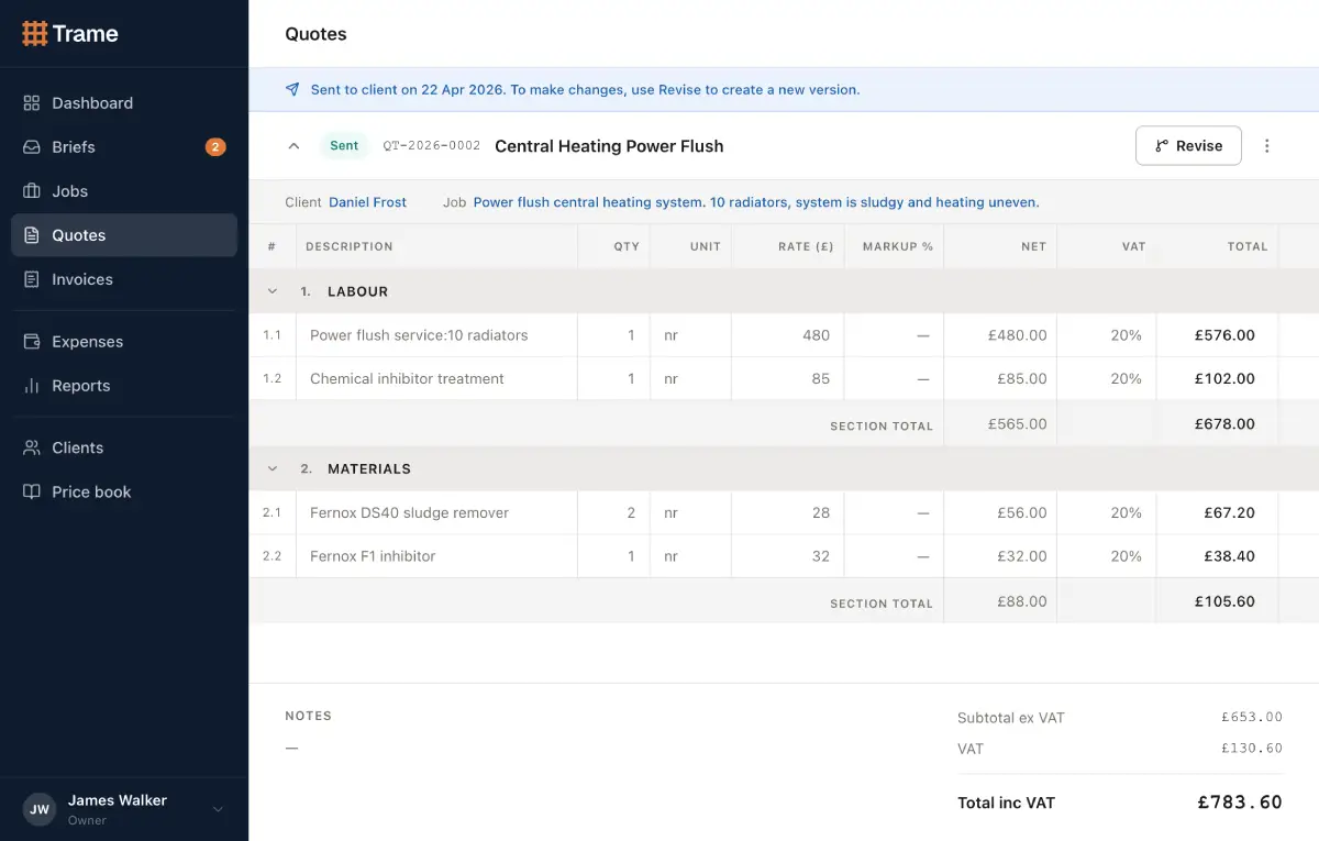 Quote builder showing line items, VAT and total
