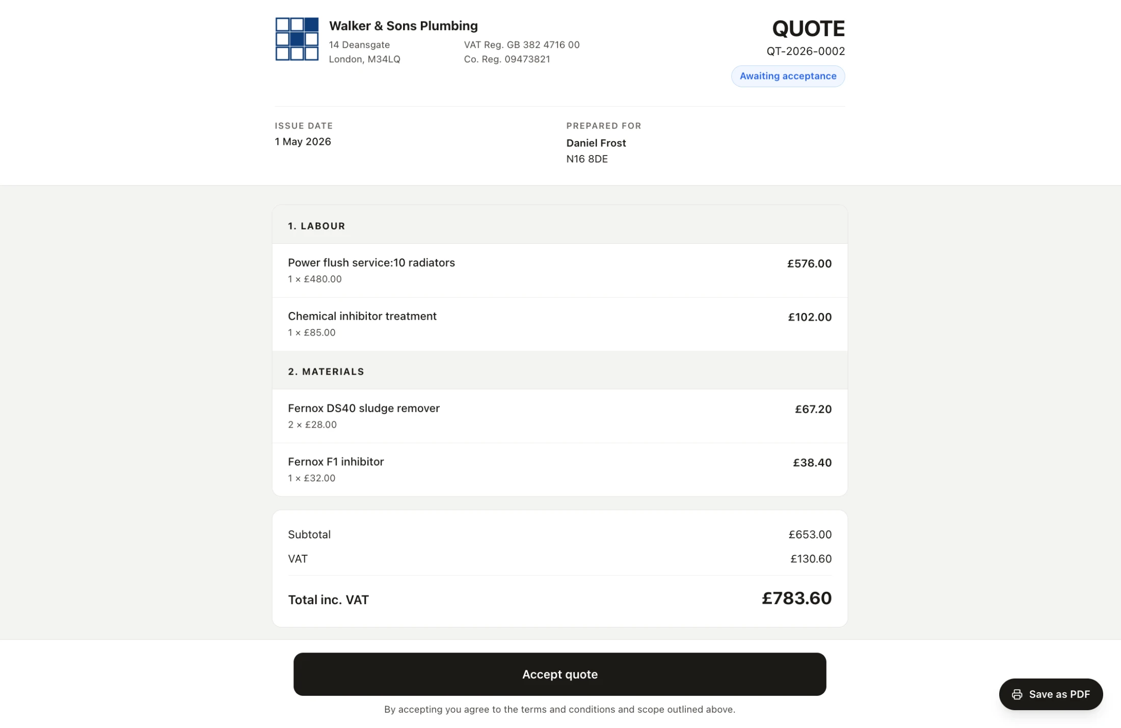 Client-facing quote page with Accept quote button