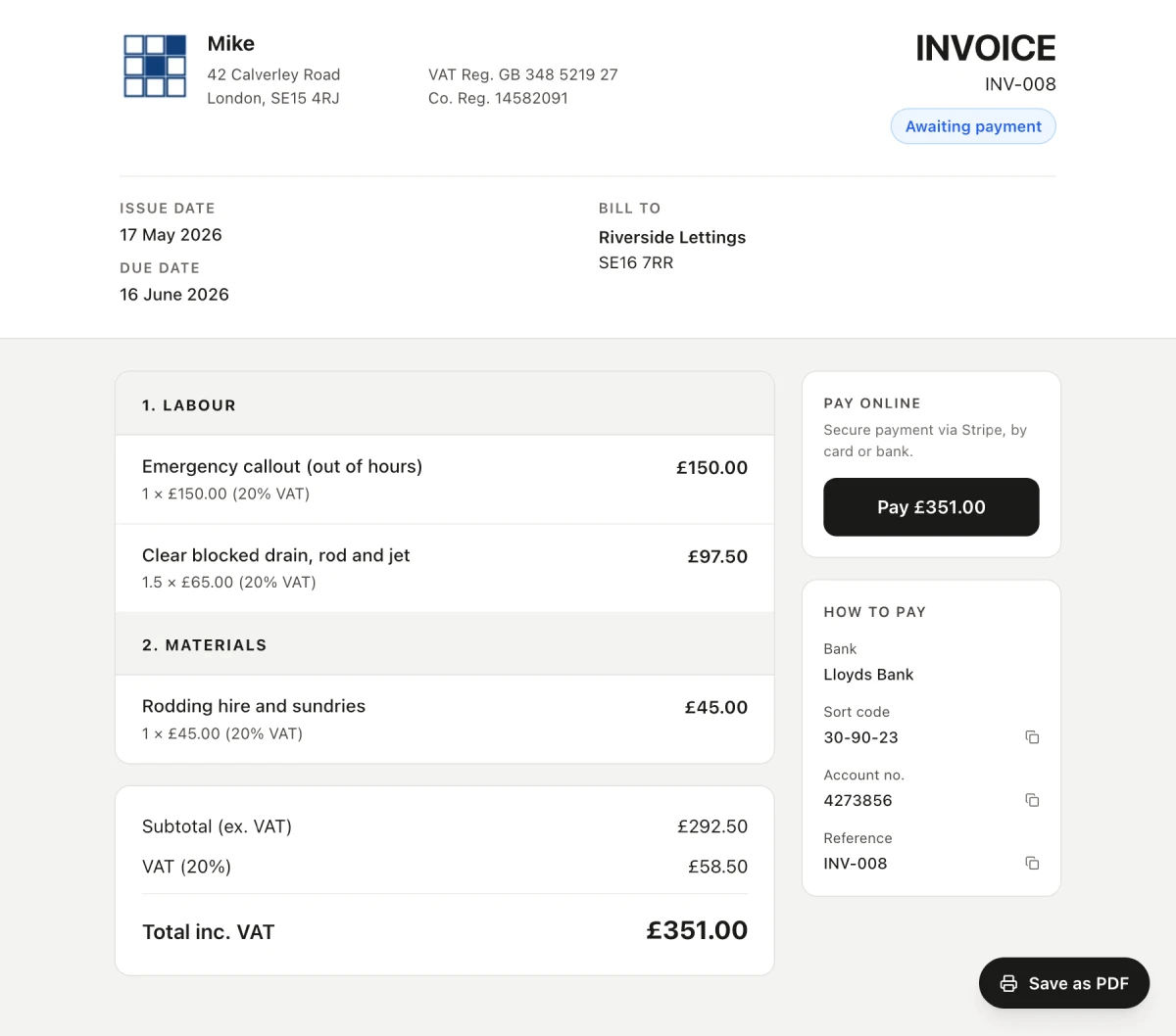 Customer-facing invoice showing a Pay button with card and Pay by Bank options alongside bank details