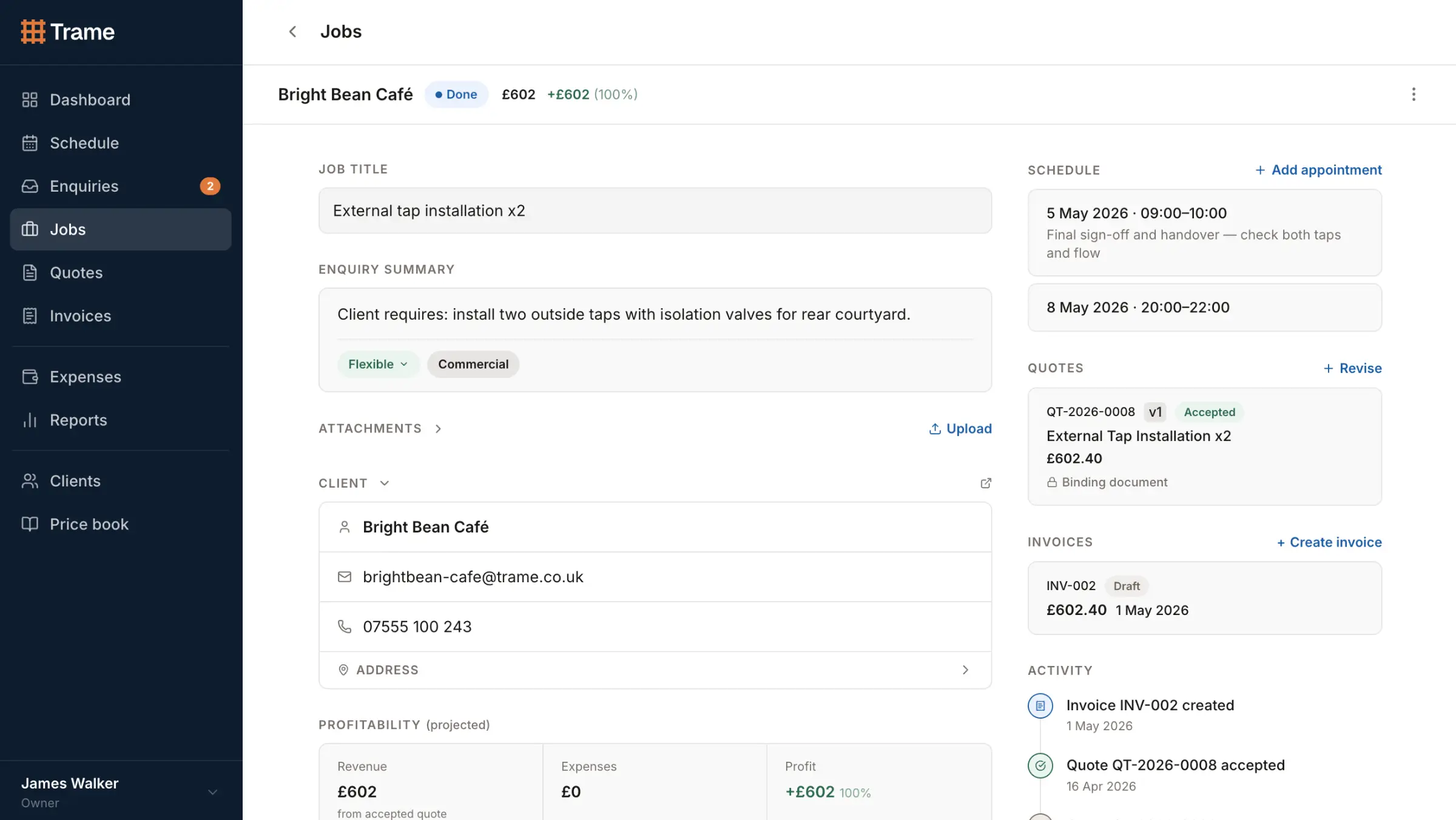 Job detail view showing enquiry, client details, linked quote, invoice, and activity timeline