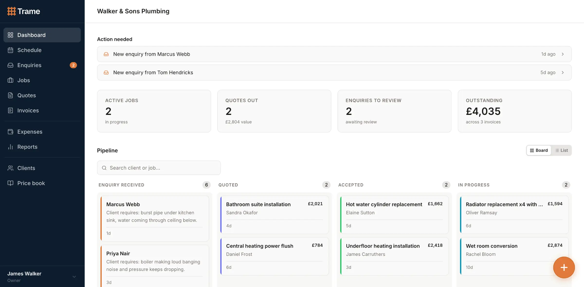 Job pipeline kanban board showing enquiries, quotes, and active jobs