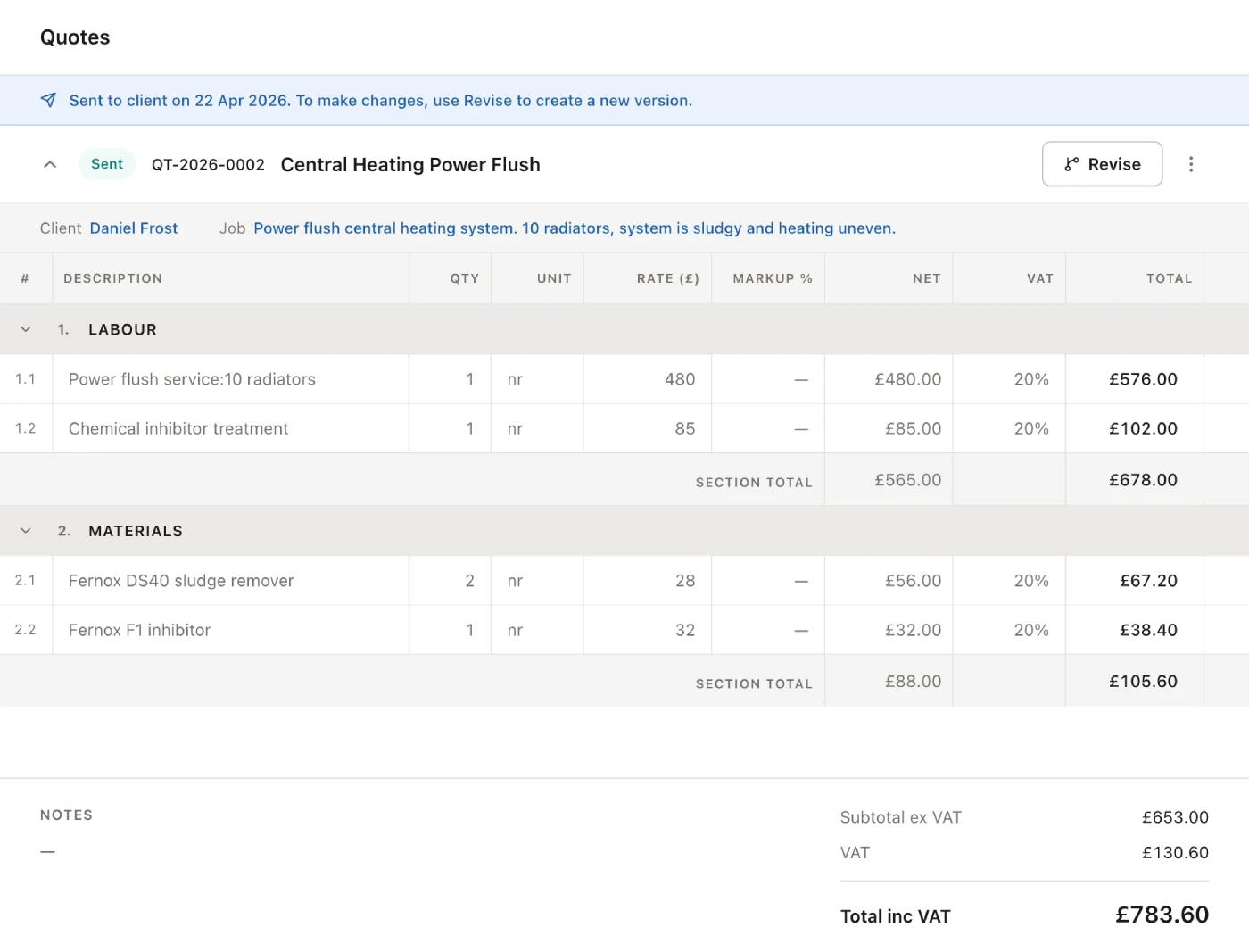 Quote builder showing line items, VAT breakdown and total