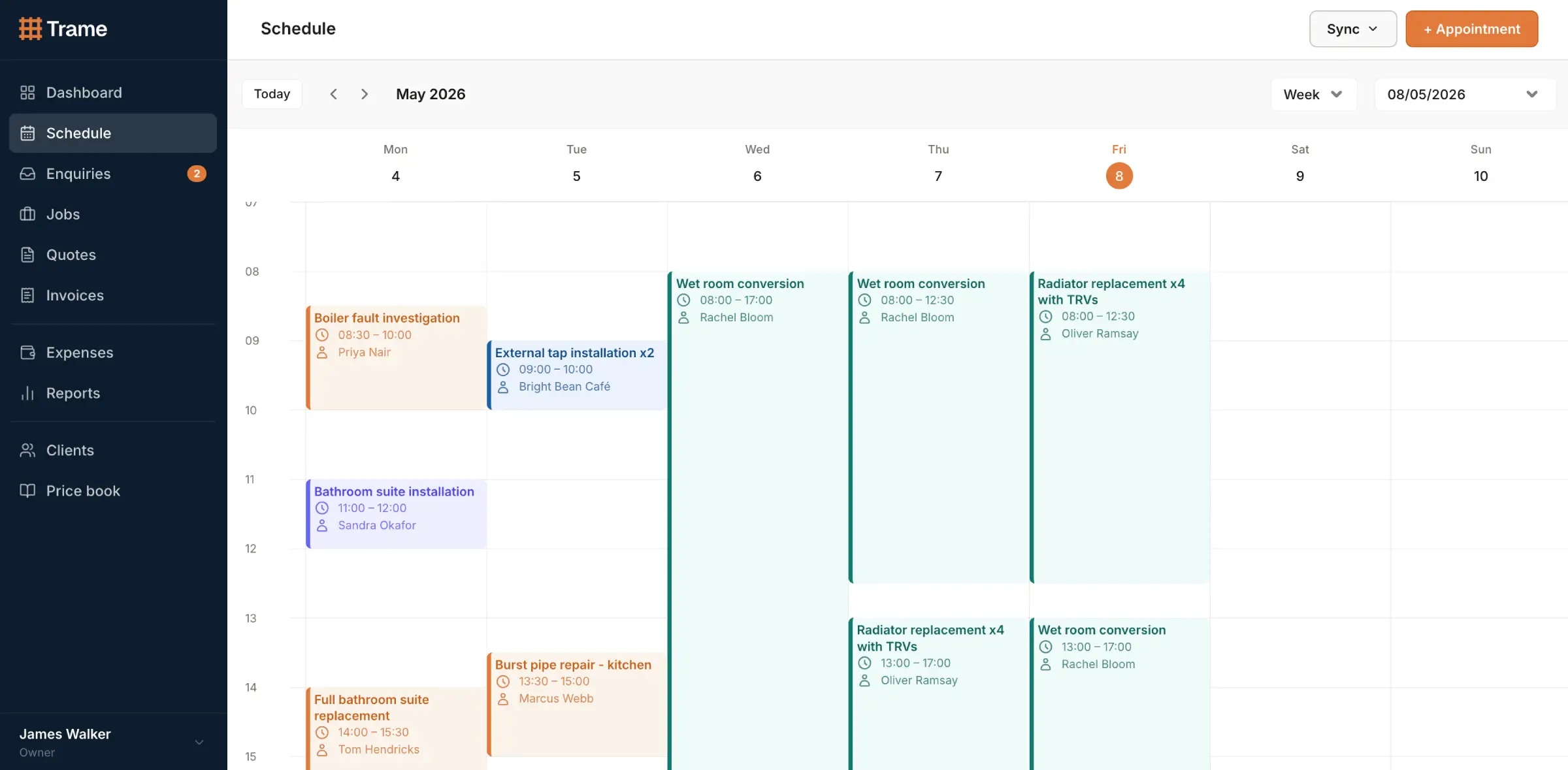 Weekly schedule view showing appointments across days with calendar sync